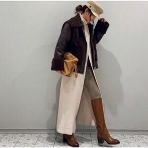 Zara Leather Knee High Block Heel Pull On Boots